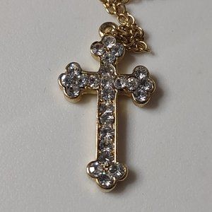 Pretty Gold Tone Cross Necklace With Clear Stones